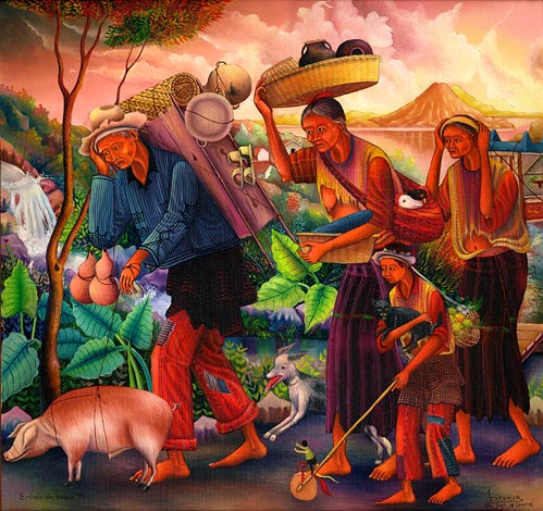 Antonio C. Ixtamer y Vicente Cumes Pop: Emigración, Sololá, 1992, 58.4 x 60.9 cm 