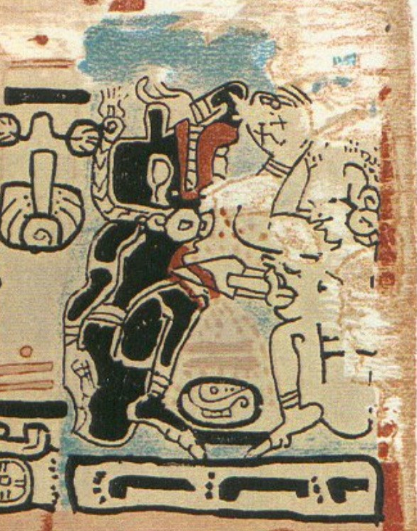 Códice de Madrid, versión de Bourbourg y Rosny, página 50. Muestra al Dios Q (izquierda) atacando al Dios M (comerciante) en un camino (éste marcado por las huellas de pies).