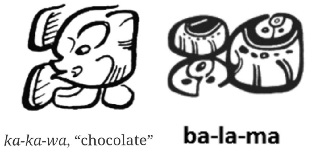 Glifos mayas: ka-ka-wa (“chocolate”) y representación de ba-la-ma; ejemplo de uso de vocales temáticas para silabificar.